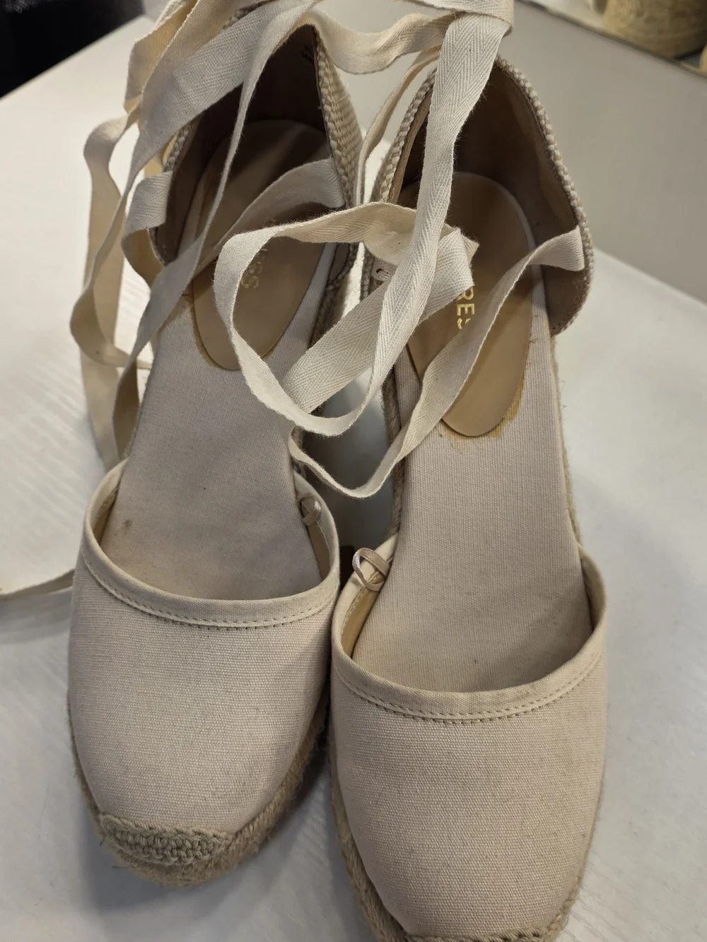 Express Cream Canvas Espadrille Wedge Sandals with Ankle Ties